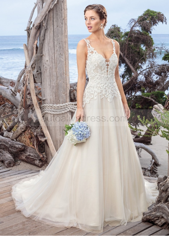 Ivory Lace Tulle Open Back Simple Elegant Wedding Dress